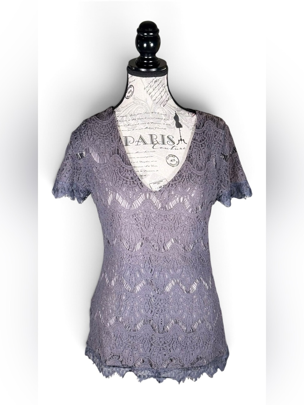 BKE gray Lace V‑Neck Short Sleeve Top
